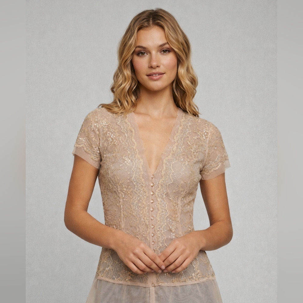 NWT BCBGMaxAzria Sheer Lace Beaded Blouse in Light Camel, Size Large